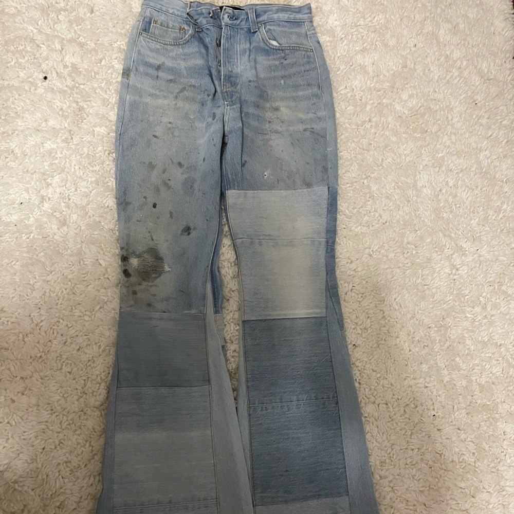 RECONSTRUCTED FLARE PARCHES JEAN MULTI INDIGO, WOMEN MIKE AMIRI JEANS  WORN ONCE